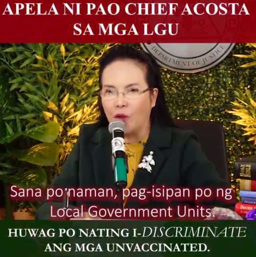 PAO Chief Atty Persida Acosta Calls for the LGUs Not to Discriminate Against the Vaccine-Free